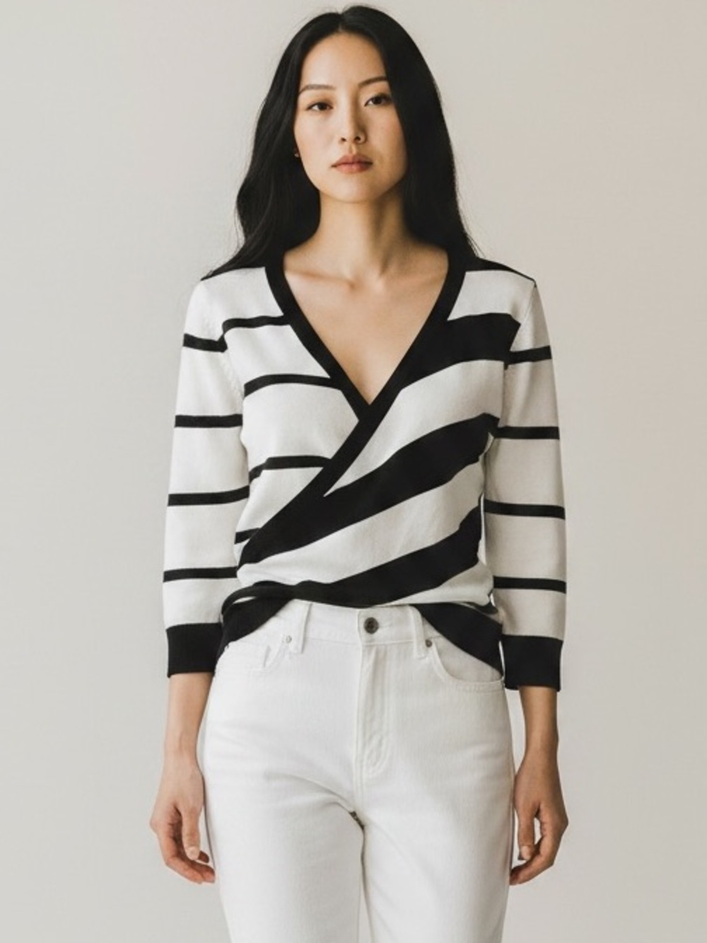 Ricki’s Wrap Front Sweater Deep V Neckline Thin Knit Black & White Stripes XS